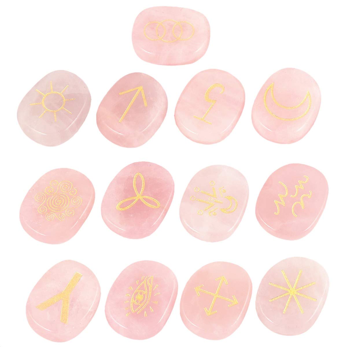 mookaitedecor 13pcs Rose Quartz Witches Runes Set, Reiki Stones Engraved Gypsy Symbol, Healing Crystal Palm Stone for Meditation Divination Spiritual Wiccan Gifts Witchcraft Altar Decor