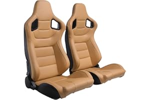 WIILAYOK 2 Pack Racing Seats, Universal PVC Leather Bucket Seats Sport Pair Adjustable Seats with Sliders (Black & Beige/Tan Brown)