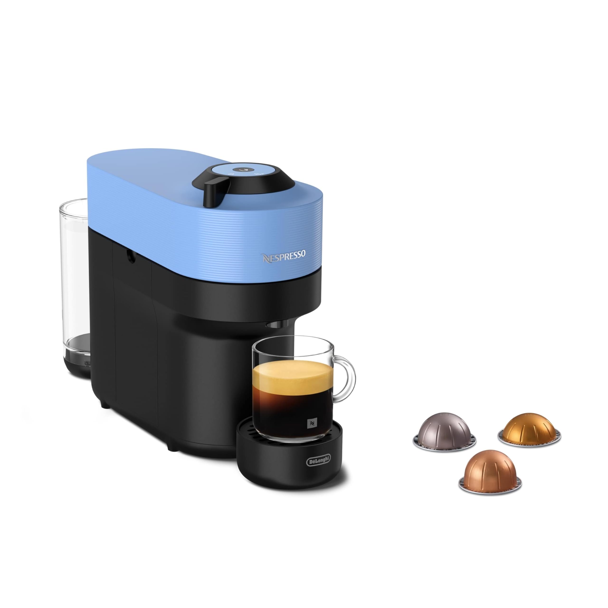 De'Longhi Nespresso Vertuo Pop ENV90.A, Kaffeekapselmaschine, bereitet 4 Tassengrößen zu, Centrifusion-Technologie, Willkommens-Paket Inbegriffen, 1260 Watt, Pacific Blue