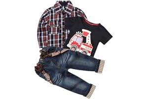 MYGBCPJS 3Pcs Boy Handsome Outfit Set Plaid Shirt + T-Shirt + Suspender Jean Sets