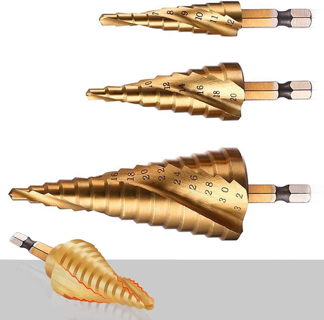Step Drill Bit Set, High Speed Steel Titanium Coated, Spiral Grooved HSS Cone Cutter, Hex Shank, Power Tools for Wood Metal Stainless Aluminum Hole Cutter, 4mm to 12/20/32 mm (5/32" to 5/4"), 3 PCS