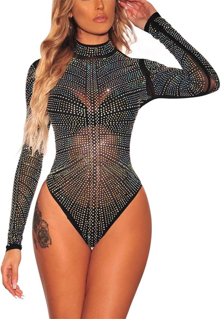AEMOOEE Women's Sexy Black Rhinestones One Piece Bodysuits Sheer Mesh