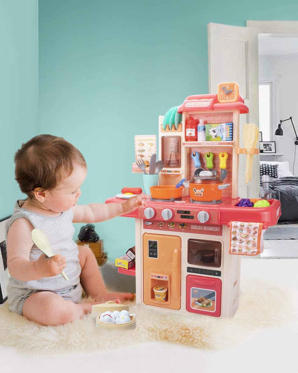 UNIH Kids Kitchen Sets for Girls Little Pretend Pink Play Kitchen Playset Toy with Realistic Lights & Sounds,Play Oven & Sink,Other Kitchen Accessories Toys for Girls and Boys: Toys & Games
