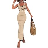 GORGLITTER Women's Crochet Bodycon Maxi Dress V Neck Spaghetti Strap Knit Boho Birthday Wedding Guest Dresses