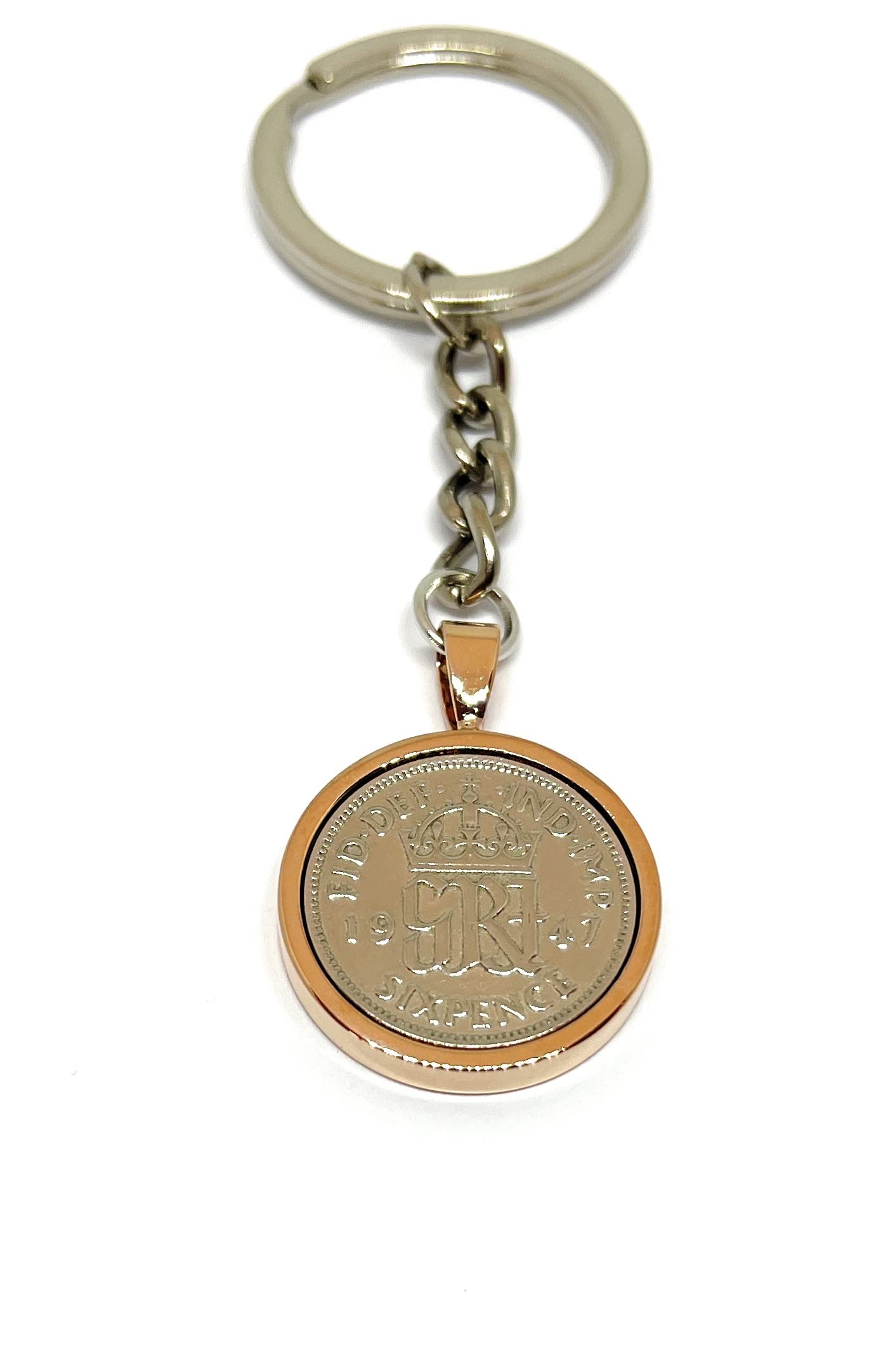 1947 79th Birthday Keyring-British Sixpence Keyring- Mum, Dad, Brother, Sister- 79th Birthday-Coin Keyring, Sixpence Coin, 75th Anniversary Rose Gold