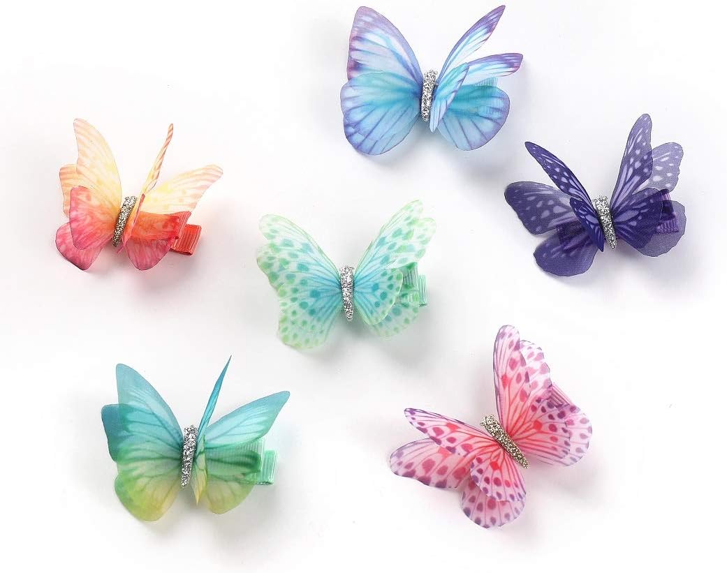 Rosette Hair Colorful Chiffon Butterfly Modelling Hair Clips- Organza Wings Ribbon Wrapped Clips Sets (6pcs/set-2)