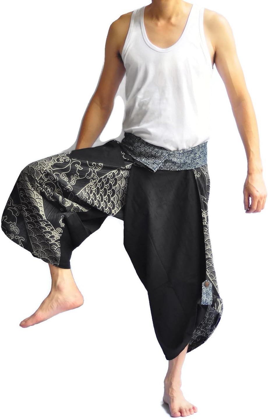 Thai Fisherman Pants Japanese Style Pants One Size Black Fish Wave