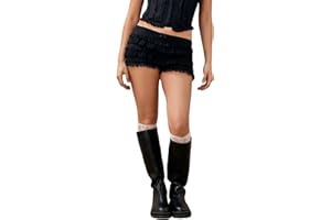 Seyurigaoka Women Y2K Crochet Knit Ruffle Bloomer Shorts Cute Hollow Out Layered Tiered Mini Booty Shorts