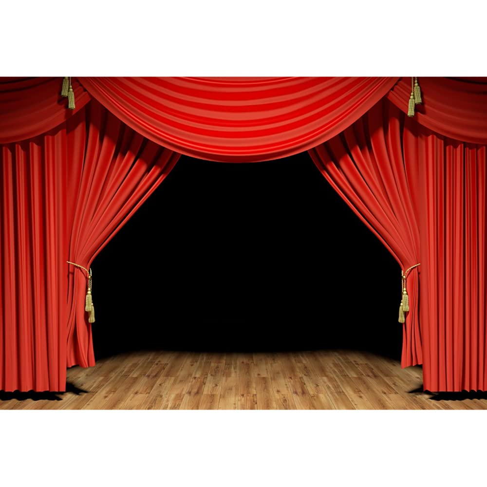 Aoihrraan 3x2m Theater Stage Backdrop Red Curtains Rustic Vintage Wooden Floor Stage Photography Background Talent Performance Show Award Ceremony Festival Celebration Banner Photo Studio Props