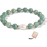 AROUROUA Jade Beaded Bracelet for Women, Natural Pearl and Jade Bracelet for Women, Freshwater Pearl Stretch Bracelet, Length 6.5 to 7 Inches, with Gift Box