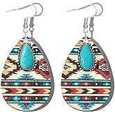 Native American Turquoise Dangle Earrings for Women Bohemia Natural Stone Teardrop Wooden Hook Earring Vintage Western Aztec Earrings Holiday Jewelry