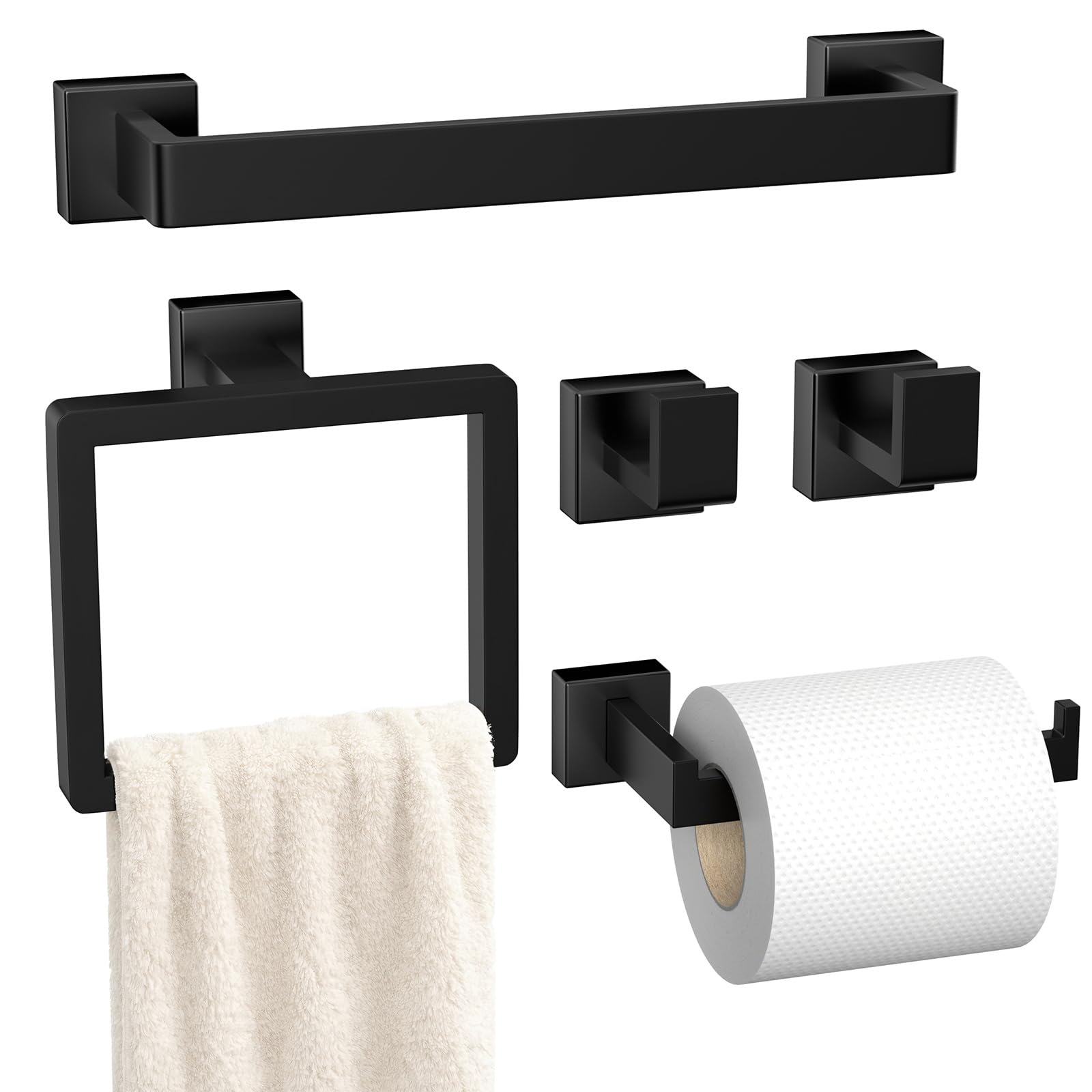 5-Pieces Matte Black Bathroom Hardware Accessories Set, SUS304 Stainless Steel Bath Towel Bar Set, Towel Racks for Bathroom Wall Mounted. Image