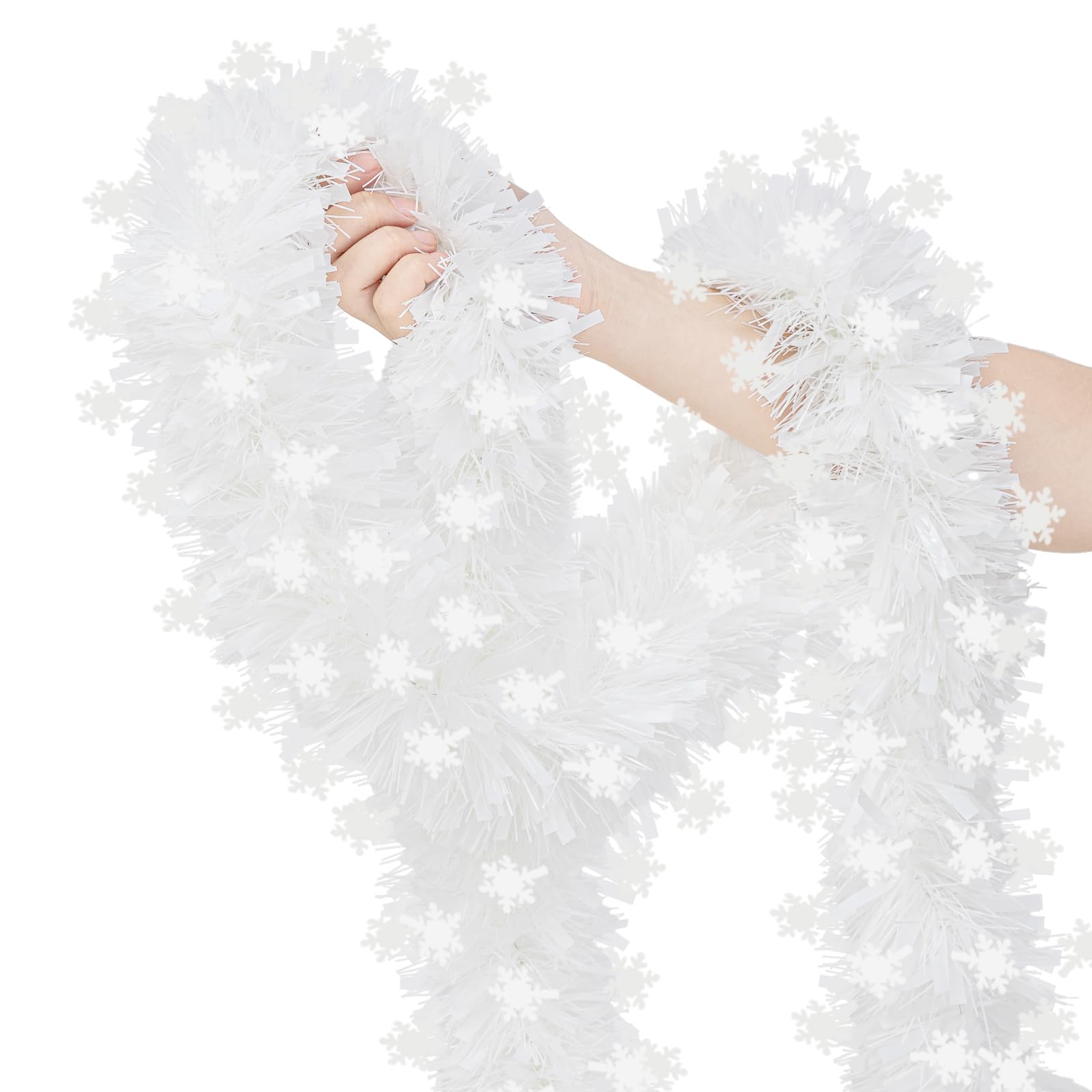 Photo 1 of 33 FT Christmas Snowflake Tinsel Garland, White Metallic Twist Foil Tinsel Garland with Snowflake Xmas Hanging Decoration for Christmas Tree Wedding Birthday Home Party Decoration