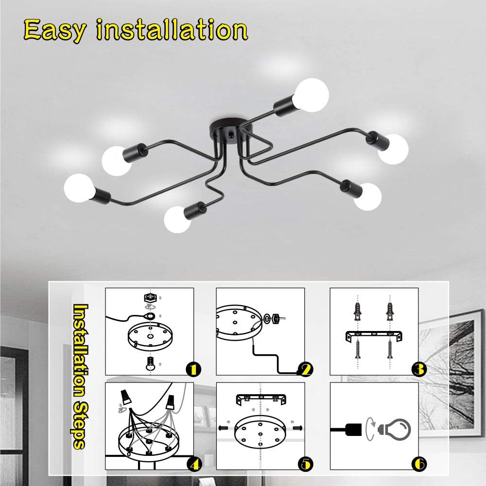 ZEEFO Flush Mount Ceiling Light Modern Art Vintage Sputnik Design Chandelier Metal Black Industrial Lighting Fixtures with 6 Lights E26 Bulb Base Suitable for Kitchen, Dining Room, Bedroom - - 