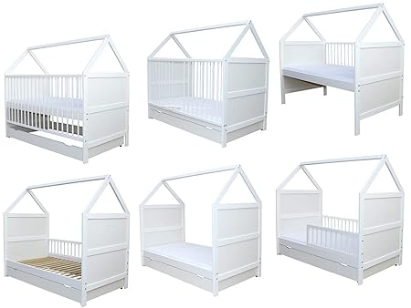 Babybett Kinderbett Bett Haus 140x70 cm mit Matratze Schublade weiss 0 bis 6 Jahre
