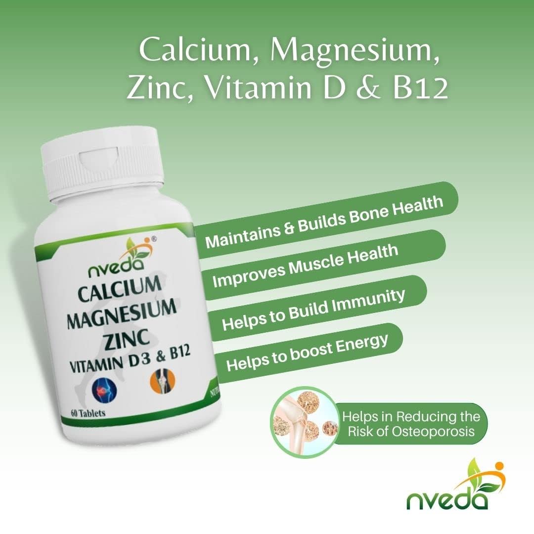 Nveda Calcium Supplement 1,000 mg with Vitamin D, Magnesium, Zinc & Vitamin B 12 for Men & Women/for Immunity, Bone & Joint Support -Pack of 2 120 Tablets