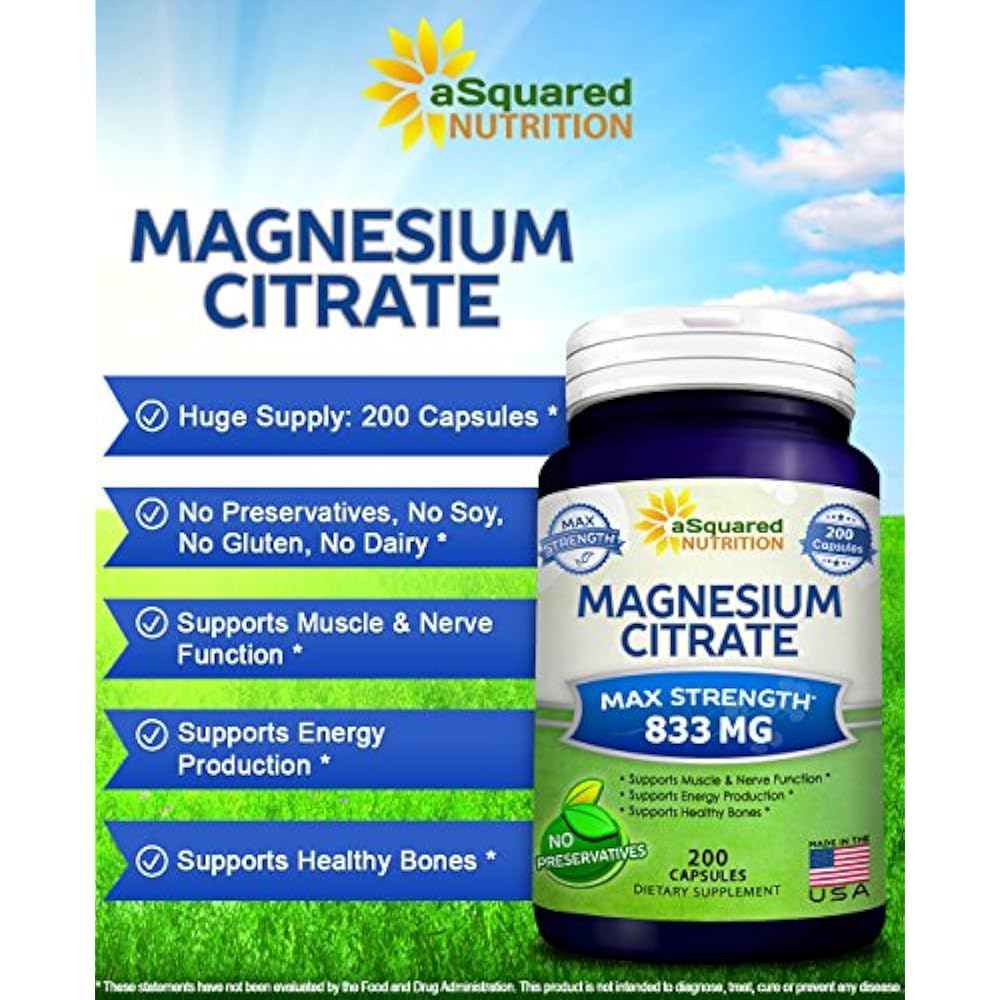 Pure Magnesium Citrate 833mg Supplement 200 Capsules Max Strength