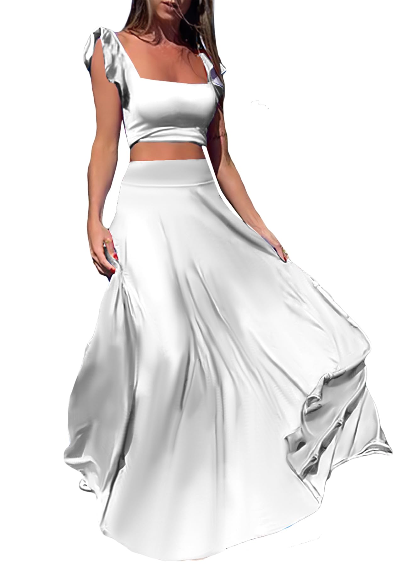 Photo 1 of ** SIMILAR IMAGE**Vakkest Womens Summer Sexy 2 Pieces Outfits Ruffle Floral Tank Top Wrap Boho Tropical Long Skirt Set Clubwear Dresses Solid White SIZE M