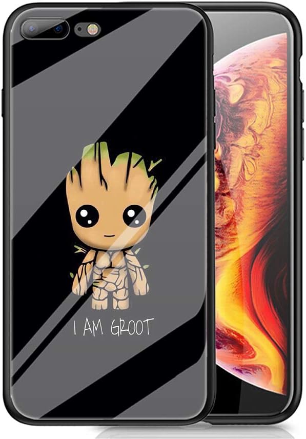 RUIWEI RWNO-277 I am a Groot Designed for iPhone 7/8 Case，Tempered Glass Back Cover and Black Anti-Scratch Shock Absorption Cover Case