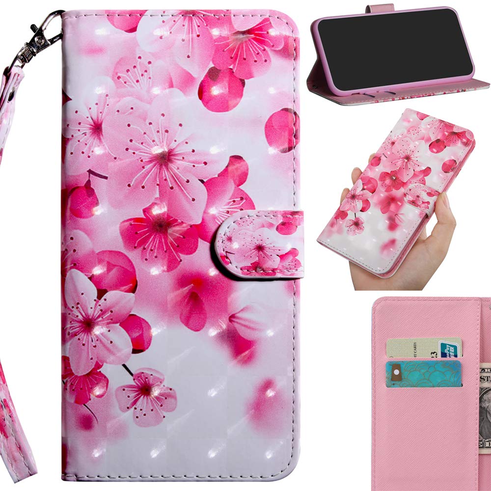 DodoBuy 3D Case for Oppo A9 2020/A5 2020, Flip Wallet Phone Cover PU Leather with Card Slots Kickstand Magnetic Closure Wrist Strap - Peach Blossom