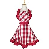 Hyzrz Lovely Retro Aprons for Women with Pocket Cotton Cooking Mother's Day Apron Dress Gift (Red Grid)