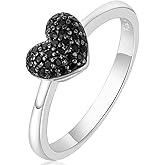 RYANEE Pave Love Heart Ring for Women with Natural Black Spinel in 925 Sterling Silver, Small Gemstone 14k White Gold Plated Cute Dainty Ring for Her, Anniversary Promise Jewelry Set for Women