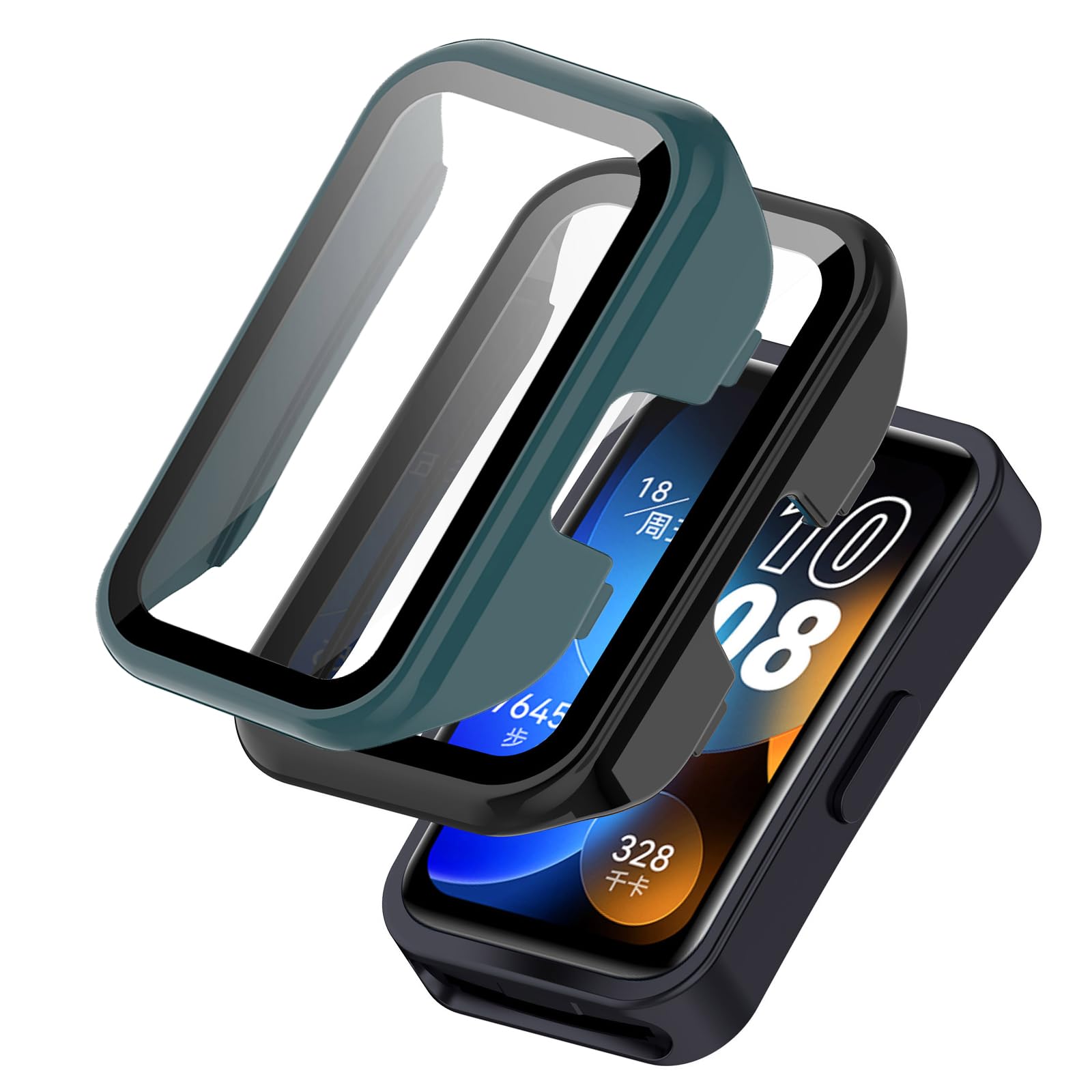 [2Pack] Case for HUAWEI Band 10/Band 9/Band 8 Tempered Glass Screen Protector，PC Hard Case Tempered Glass Screen Protection Cover Slim Full Cover Scratch Proof Protector，Black+Green