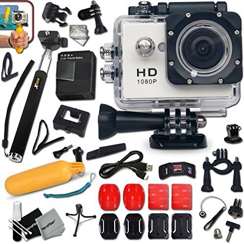 KoolCam AC200 HD 1080p Waterproof ACTION Camera / Camcorder for KIDS and Adults with a Super 140 degree Wide angle Lens KIT Includes: Handheld Extendable MONOPOD Pole + Hermetically Sealed Floating Bobber + Adjustable Bike Mount + Long Life Battery + USB Charging Cable + Adjustable Tripod Mount + 2 Adhesive Flat Stickers / Flat Surface Mounts + 2 Adhesive Curved Stickers / Curved Surface Mounts + Assorted Camera Mounts / Clips + Lens Cap Keeper + Memory Card Wallet Holder + Mini Table Tripod + Lens Cap Keeper + 2 Screen Protectors + Deluxe Cleaning Kit + Ultra Fine HeroFiber Cleaning Cloth