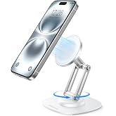 OMOTON MS04 [360&deg; Rotating] Adjustable Magnetic Phone Stand for Desk, White | Foldable Aluminum for MagSafe Cell Phone Stand Holder with Non-Slip Base, for iPhone 17/16/15/14 Pro Max Air/MagSafe Case