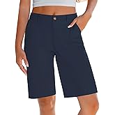 LookbookStore Bermuda Shorts for Women Cotton Knee Length High Waisted Elastic Waist Summer Dressy Casual Long Shorts