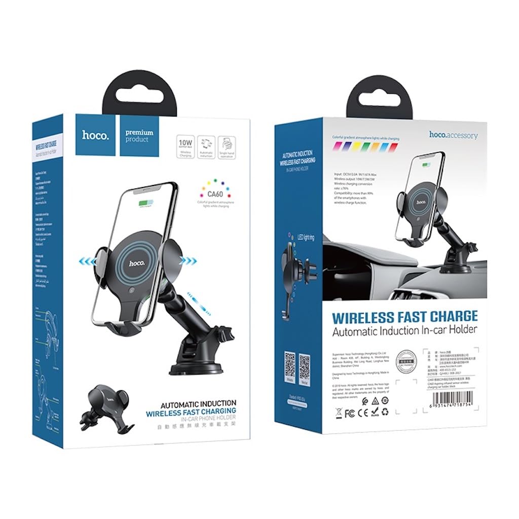 hoco. Wireless Car Charger Mount, 10W/7.5W Qi Fast Charging Charger, Auto Clamping Air Vent Windscreen Phone Holder for Samsung S20/S10/S10+/Note 10/Note 10+, iPhone 11/11 Pro Max/XS Max/8/8 Plus