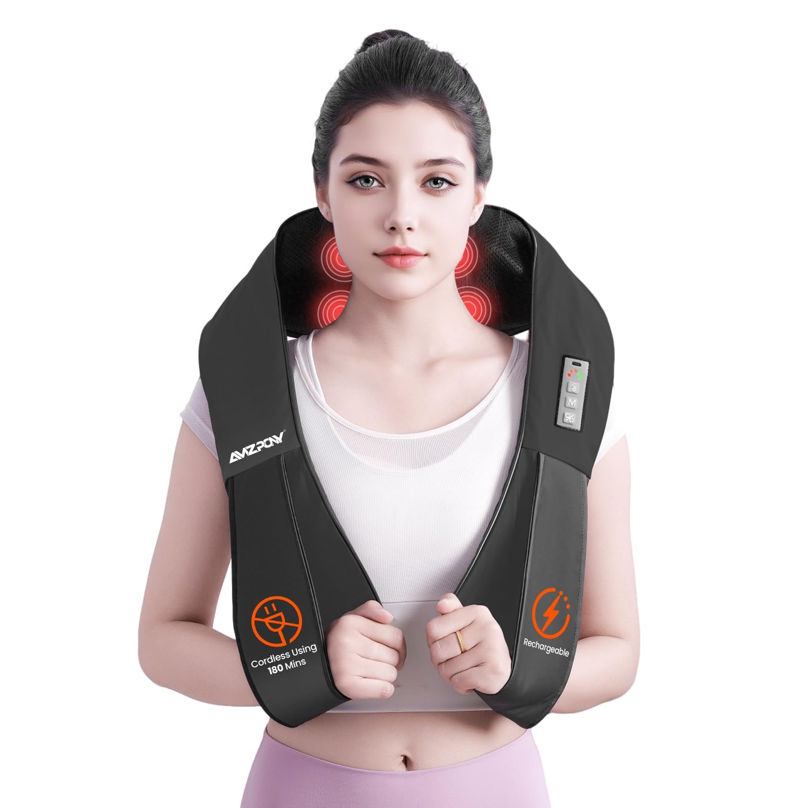 AMZPONY® Cordless Neck Massager for Pain Relief Deep Tissue, Rechargeable Shiatsu Neck and Back Massager with Heat Kneading Shoulder Massage for Body Muscle Pain Relief,Gifts for Dad Mom Friends