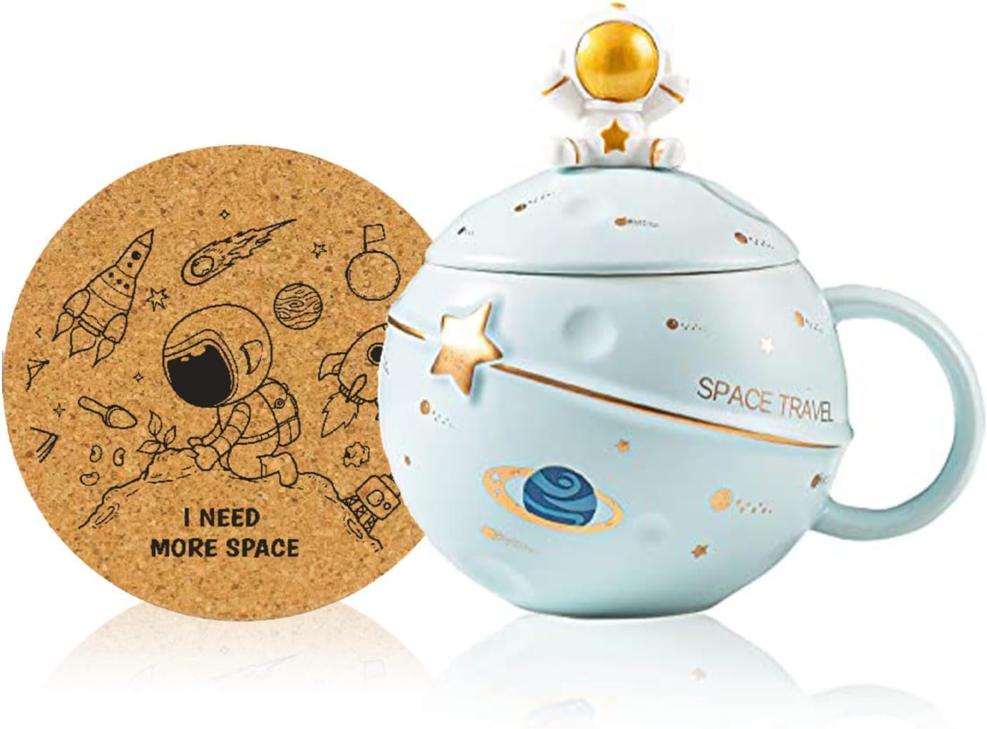 Kawaii Astronaut Cup Space Embossed Planet Mug, Cute Ceramic Coffee Mug, Novelty Mug with Lid and Spoon for Coffee, Tea, Milk, Aesthetic Room Decor Funny Gift Birthday for Girl Boy Women (Blue)