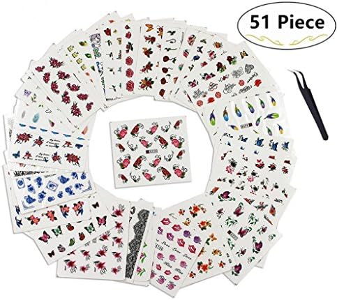 50 Sheet Random Patterns Nail Art Decorative Stickers and 1 Nail Tweezer for Bonus, Carnatory Self-adhesive Nail Stencil Sticker Sheet, Tip Nail Art Stickers Decals for Nail Art Design