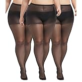 MERYLURE Plus Size Tights for Women, 20D Ultra Thin High Waist Pantyhose with Reinforced Toes Sheer Stockings 3 Pairs