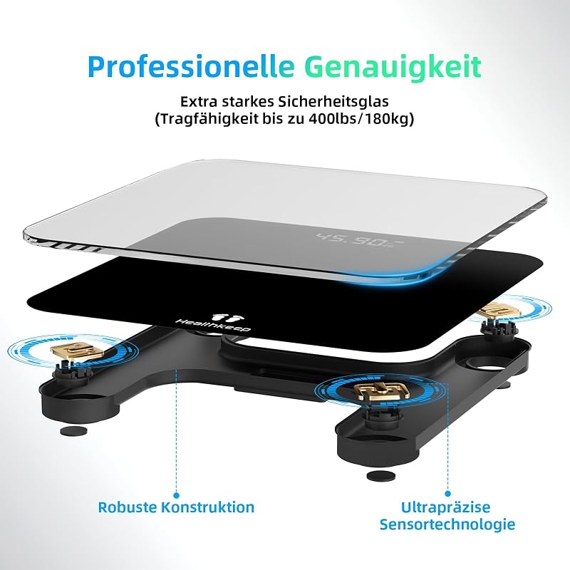 Personenwaage, Körperwaage mit Hochpräzisions-Sensoren, Personen Digitalwaage mit Step-On-Technik, Gewichtswaage aus Sicherheitsglas, Schwarz (260 schwarz 202403)