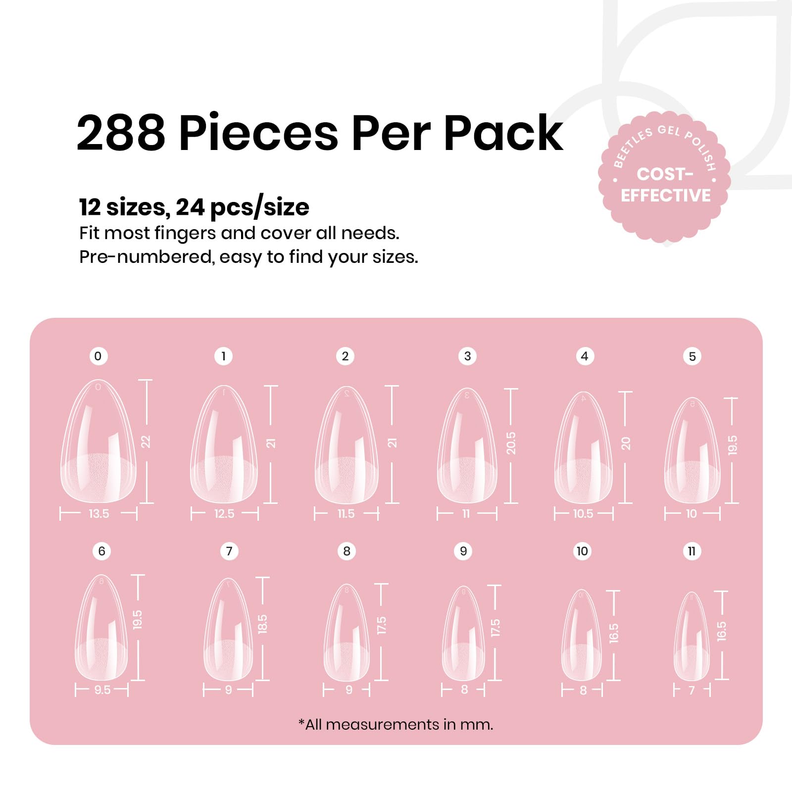 Beetles Short Almond Nail Tips: 12 Sizes 288 PCS Half Matte Full Cover Gel Tips Clear Acrylic Gel Nail Tips Almond Shape for DIY Extension - Image 7