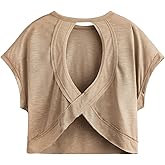SOLY HUX Women's Criss Cross Cut Out Back Tee Short Sleeve Round Neck T Shirt Tops Plain Khaki XX-Large