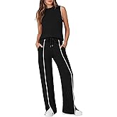 Casly Lamiit Women's 2 Piece Outfits Summer Casual Mock Neck Sleeveless Top Wide Leg Pant Sets Front Slits Travel Sweatsuit