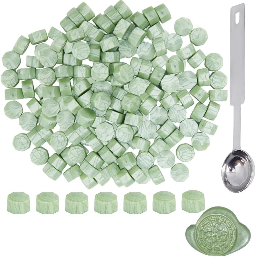 CRASPIRE 100Pcs Wax Sealing Beads Pale Green Octagon Wax Seal Beads Set with 1Pc Stainless Steel Spoon and 2Pcs Flat Round Candles for Wax Stamp Sealing Wedding Invitations Cards Envelopes Decoration