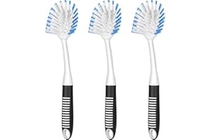 SetSail Dish Brush with Handle, 3 Pack Stiff Bristles Dish Scrubber with Built-in Scraper Dish Scrub Brushes for Cleaning Dishes, Pots and Pans, Kitchen Sink, 3 Pack, Black Blue