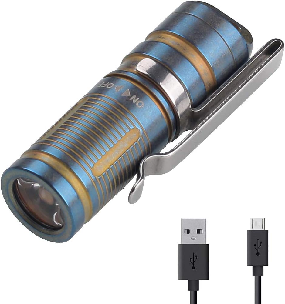 ANO WP350 Titanium Keychain Flashlight Cree LED 300 Lumen Anti Lost Head with Clip and Necklace Lithium 10180 Rechargeable Battery USB Charger Cable Lightweight PVD Coated IPX8 Waterproof
