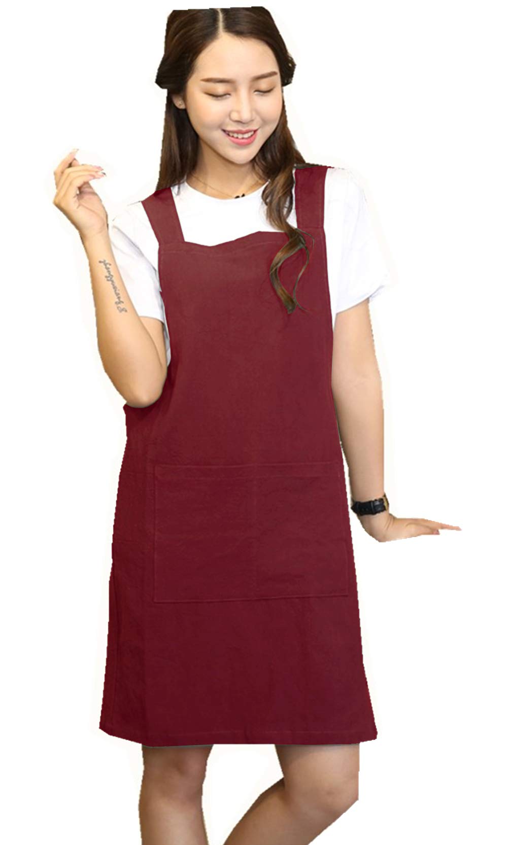 AOBBYBBS H Shoulder Straps Cotton Linen Apron Halter Cross Bandage Aprons Japan Style, Darkred, ['ONE SIZE']