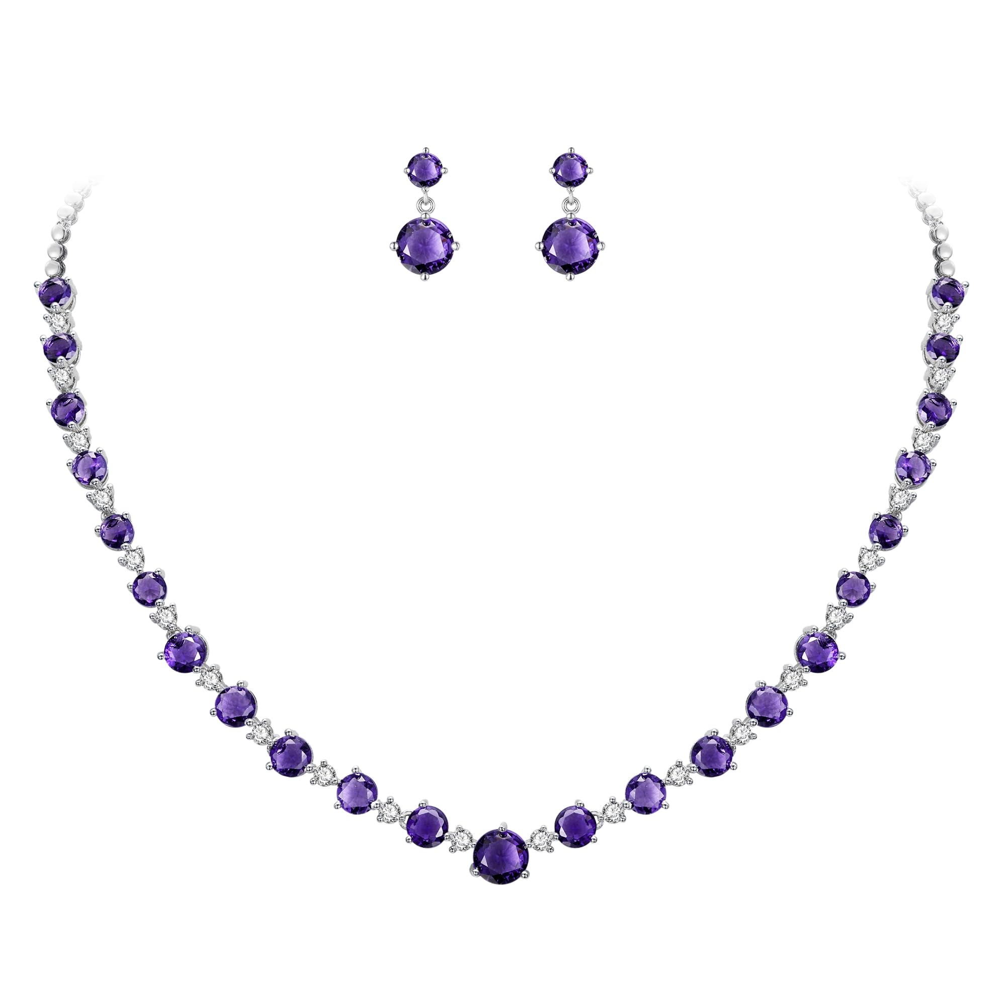 Ever Faith Women's Wedding Jewelry Full Round Cut CZ Necklace Earrings Set Purple Silver-Tone