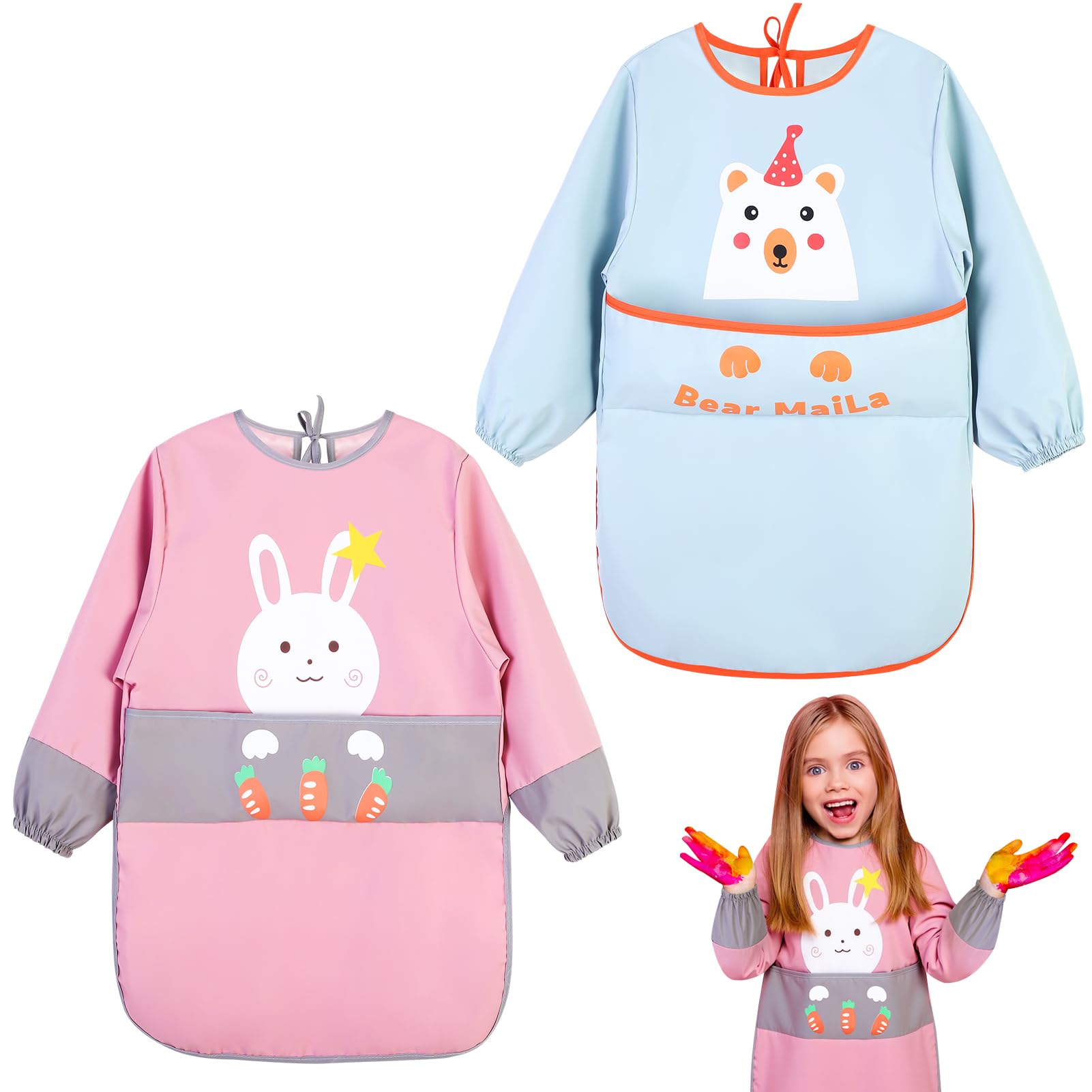 2 Pack Kids Painting Apron 6-12 Age,Art Apron for Kids Children Toddler Aprons,Waterproof Graffiti Long Sleeves Smock with Large Pockets,Suitable for Boys Girls Cooking,Painting,Craft,School,Pink,Blue