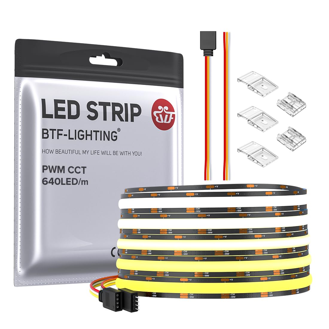 BTF-LIGHTING COB CCT Flexible High Density FCOB LED Strip 16.4FT/5M 640LEDs/m Tunable 3000K-6000K CRI＞90 Dimmable Deformable Black PCB LED Light Ribbon IP30 DC24V(Only LED Strip)
