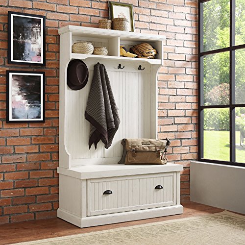 Crosley Furniture Seaside Hall Tree, Entryway Bench with Coat Rack and