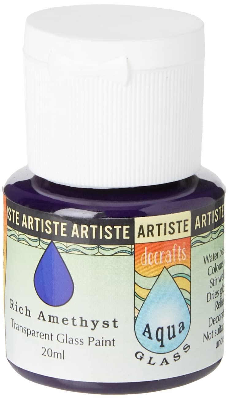 Artiste Aquaglass Rich Amethyst 20ml, Water Based Paints for Glass, Perspex, Acetate, Gentle Translucent Finish, Wipe Clean When Wet, Water Proof Once Dry