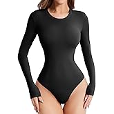 Atbuty Women's Round Collar Long Sleeve Bodysuit Plus Size Casual Body Suit Second-Skin Tummy Control Tops