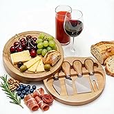 PONDI 8" Round Wood Cheese Board with 4 Knives – Charcuterie Board Set with Swivel Slide-Out Drawer, Juice Groove, Compact Serving Board for Entertaining, Gifts & Travel